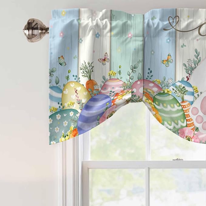 Easter Tie Up Valance Curtains for Windows, Kitchen Curtains Window Shades, Spring Rabbit Ears Foot Flowers Eggs Green Wooden Light Filtering Roman Curtain Valances for Bedroom/Bathroom/Cafe 54"x18"