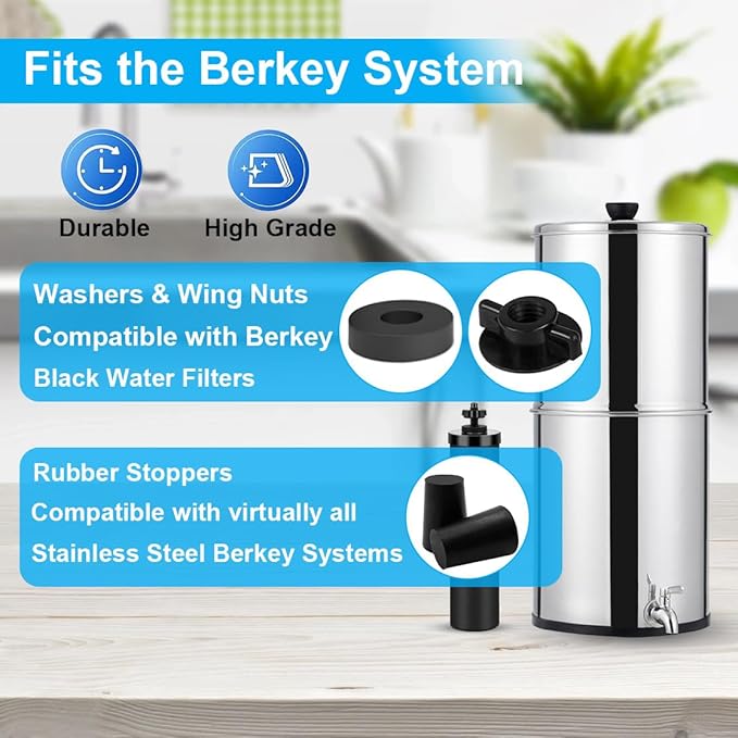 Replacement Kit for Berkey Water Filter System Elements - 4 Wing nuts, 4 Washers & 4 Silicone Blocking Plugs Compatible with Berkey Gravity Filtration System and Black Activated Carbon Water Filters
