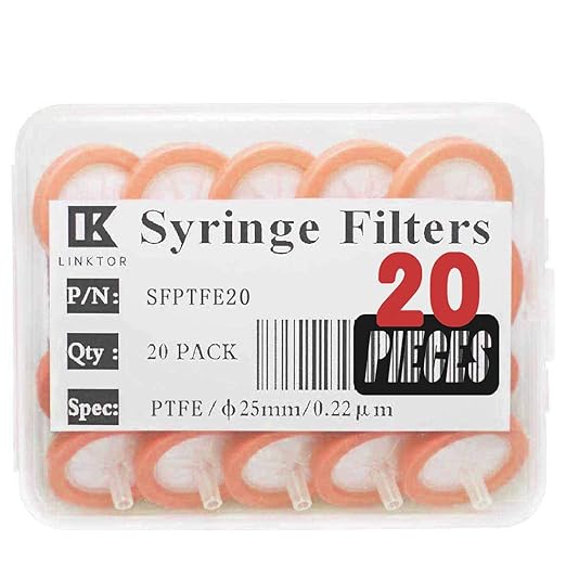 LINKTOR Syringe Filter PTFE Filtration, 25mm Diameter 0.22um Pore Size Non-sterile Pack of 20 (Pack of 20, 0.22μm, PTFE)