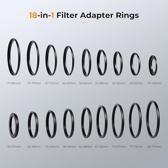 K&F CONCEPT 18 Pieces Filter Ring Adapter Set, Camera Lens Filter Metal Stepping Rings Kit (Includes 9pcs Step Up Ring Set + 9pcs Step Down Ring Set) Black