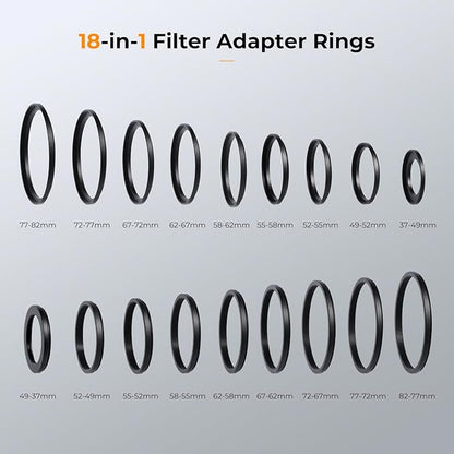 K&F CONCEPT 18 Pieces Filter Ring Adapter Set, Camera Lens Filter Metal Stepping Rings Kit (Includes 9pcs Step Up Ring Set + 9pcs Step Down Ring Set) Black