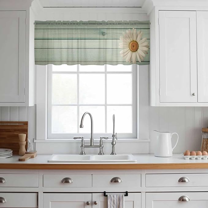 Daisy Flower Sheer Valances for Windows 60"x18", Light Filtering Kitchen Curtains Valance, Modern Art Floral Farmhouse Teal Wooden Grain Rod Pocket Chiffon Curtains for Living Room Bedroom Cafe