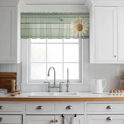 Daisy Flower Sheer Valances for Windows 42"x18", Light Filtering Kitchen Curtains Valance, Modern Art Floral Farmhouse Teal Wooden Grain Rod Pocket Chiffon Curtains for Living Room Bedroom Cafe