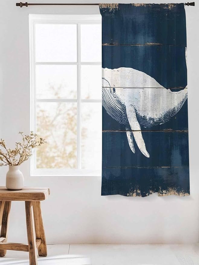 Sheer Curtains 72 Inches Long, Ocean Whale Blue Semi Sheer Curtains Light Filtering Window Treatment, Watercolor Coastal Vintage Wood Grain Privacy Voile Drapes for Living Room Bedroom 52x72 Inch