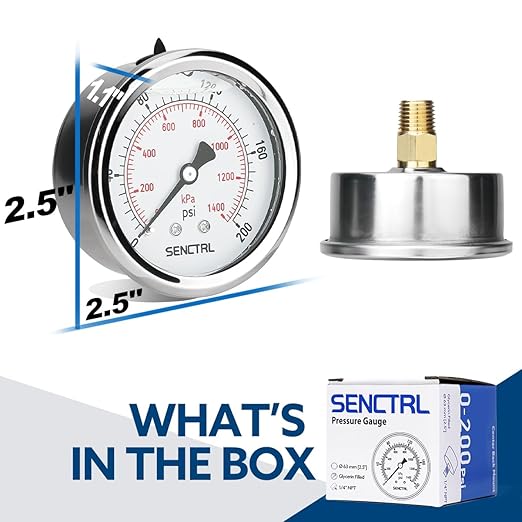 SENCTRL 0-200 Psi Glycerin Liquid Filled Pressure Gauge, 2.5" Dial Size, 1/4" NPT Back Mount, Stainless Steel Case, for Water Oil Pressure Test in Pipe Pool Pump Sand Filter Air Compressor