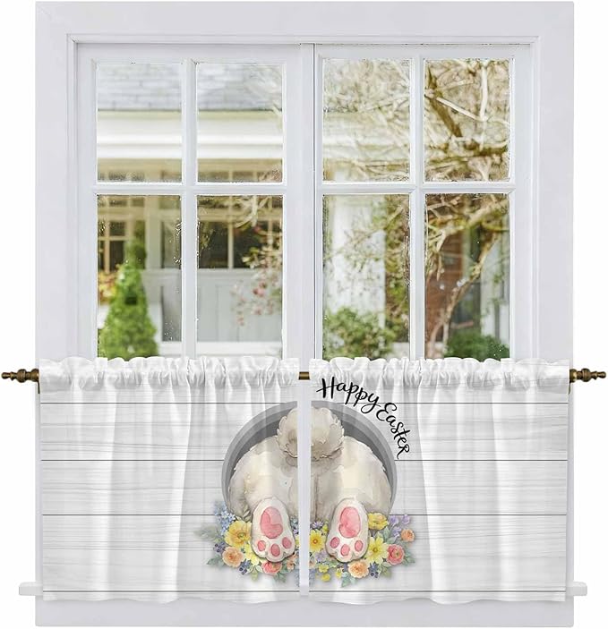 Easter Bunny Kitchen Tier Curtains 36 Inch Long 2 Panel Set,Rod Pocket Half Window Curtains Over Sink,3D Optical Illusion Farmhouse Flower Wood Grain Light Filtering Short Drapes Cafe 27.5"W x 36"L
