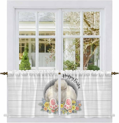 Easter Bunny Kitchen Tier Curtains 24 Inch Long 2 Panel Set,Rod Pocket Cafe Small Window Curtains Over Sink,3D Optical Illusion Farmhouse Flower Wood Grain Light Filtering Short Drapes 27.5"W x 24"L