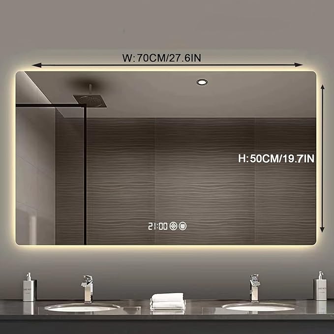 Bathroom Mirror with LED Lights，LED Bathroom Mirror，Smart Lighted Bathroom Mirror for Wall，Energy-Saving LED Smart Mirrors，with Demister Pad，Three-Color Light(H50*W70cm/H19.7*W27.6IN)