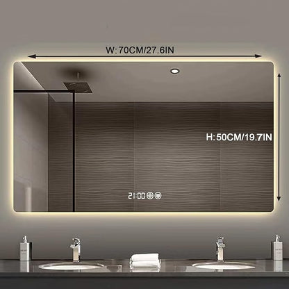 Bathroom Mirror with LED Lights，LED Bathroom Mirror，Smart Lighted Bathroom Mirror for Wall，Energy-Saving LED Smart Mirrors，with Demister Pad，Three-Color Light(H50*W70cm/H19.7*W27.6IN)