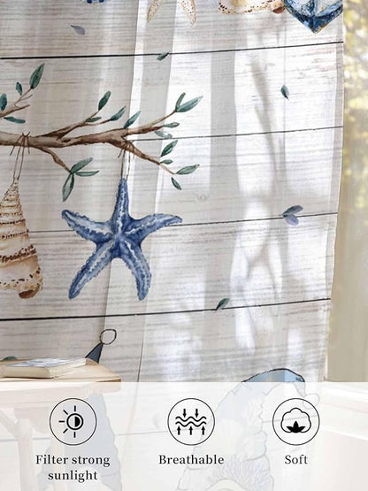 Sheer Curtains 45 Inch Length, Coastal Eucalyptus Semi Sheer Curtains Light Filtering Window Treatment, Ocean Blue Gnomes Starfish Leaf Wood Grain Privacy Voile Drapes for Living Room 52x45 Inch