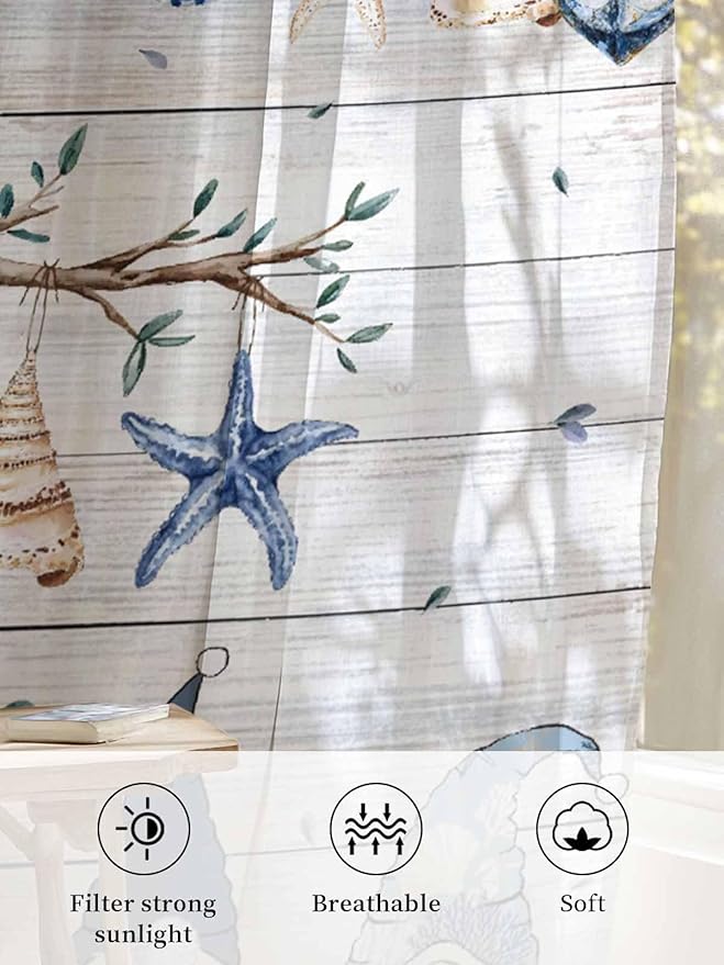 Sheer Curtains 72 Inches Long, Coastal Eucalyptus Semi Sheer Curtains Light Filtering Window Treatment, Ocean Blue Gnomes Starfish Leaf Wood Grain Privacy Voile Drapes for Living Room 52x72 Inch