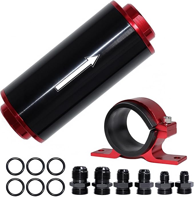 Inline Fuel Filter 100 Micron with 6AN 8AN 10AN Fuel Filter Adapter Universal 50MM, 1 set Inline fuel filter Red