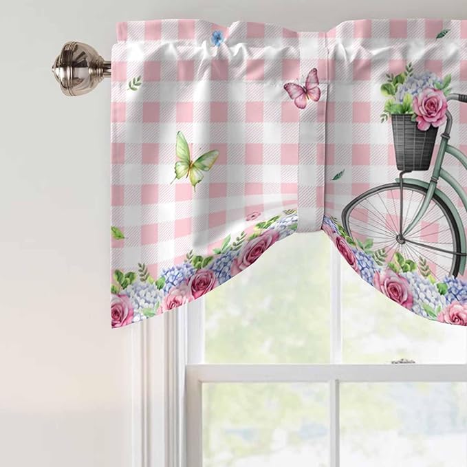 Spring Tie Up Valance Curtains for Windows, Kitchen Curtains Window Shades, Bicycles Leaves Butterfly Flowers Pink Buffalo Plaid Light Filtering Curtain Valances for Bedroom/Bathroom/Cafe 60"x18"
