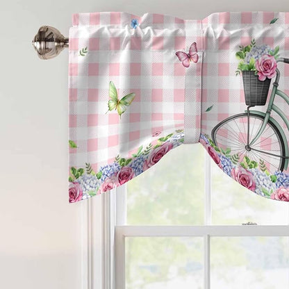 Spring Tie Up Valance Curtains for Windows, Kitchen Curtains Window Shades, Bicycles Leaves Butterfly Flowers Pink Buffalo Plaid Light Filtering Curtain Valances for Bedroom/Bathroom/Cafe 60"x18"