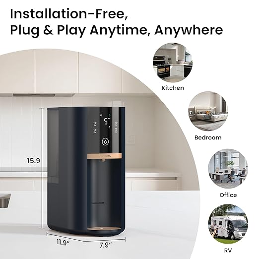 Countertop Reverse Osmosis Water Filter, 5 Stage RO Water Filtration System with UV, 4:1 Pure to Drain, Innovative 360° Swivel Base, Portable No Installation Water Purifier with Water Pitcher
