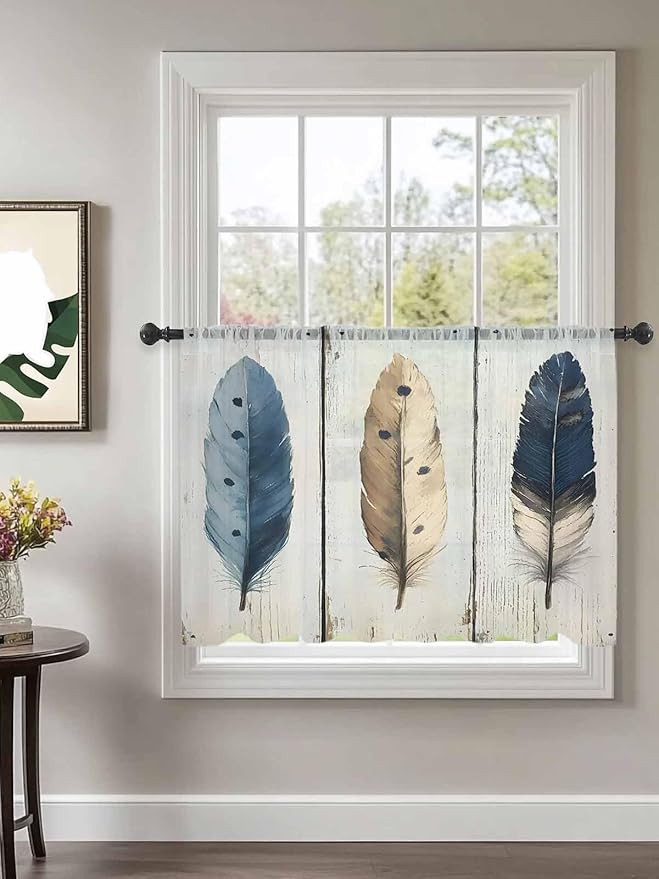 Sheer Curtains 45 Inch Length, Farmhouse Feather Semi Sheer Curtains Light Filtering Window Treatment, Watercolor Vintage Wooden Grain Privacy Voile Drapes for Living Room Bedroom 52x45 Inch
