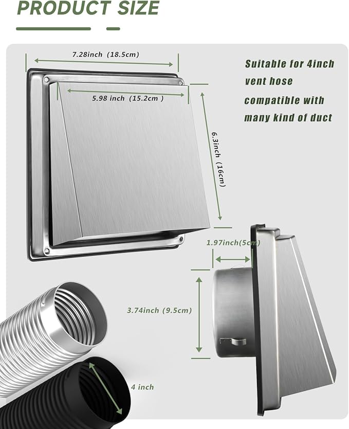 Upgraded 4" Stainless Steel 304 Dryer Vent Cover Outdoor - Rubber Cushioned Non-Return Flap (Noise Reduction) Air Vent with Built-in Fly Screen & 6 Screws for Bathroom Exhaust Vent Office Home