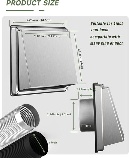 Upgraded 4" Stainless Steel 304 Dryer Vent Cover Outdoor - Rubber Cushioned Non-Return Flap (Noise Reduction) Air Vent with Built-in Fly Screen & 6 Screws for Bathroom Exhaust Vent Office Home
