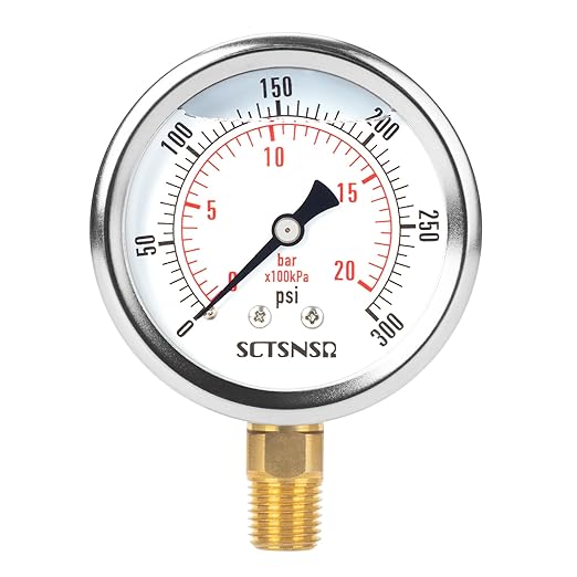 2-1/2" Dial Size, 0-300 Psi Pressure Gauge, Glycerin Liquid Filled, 1/4" NPT Lower Mount, Stainless Steel Case, for Regulator, Air Compressor, Water System, HVAC, Hydraulic, Pressure Test