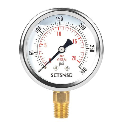2-1/2" Dial Size, 0-300 Psi Pressure Gauge, Glycerin Liquid Filled, 1/4" NPT Lower Mount, Stainless Steel Case, for Regulator, Air Compressor, Water System, HVAC, Hydraulic, Pressure Test
