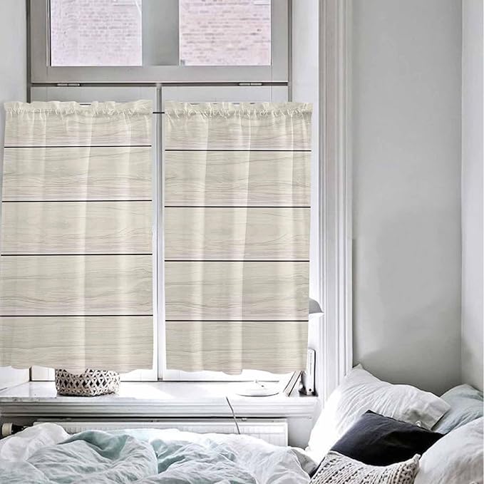 Vintage Country Wooden Board Window Valance Curtains, Gradient Wood Grain Line Light Filtering Kitchen Valance with 3-inch Rod Pocket for Living Room Bathroom Bedroom,2 Panel,42x45In