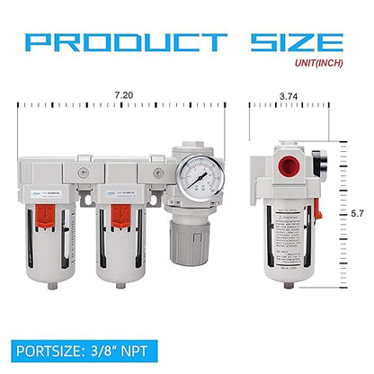 NANPU 3/8" NPT Air Drying System - 5 Micron Particulate Filter, 0.01 Micron Coalescing Filter, Air Pressure Regulator Combo - Semi-Auto Drain, Poly Bowl w/Metal Gauge