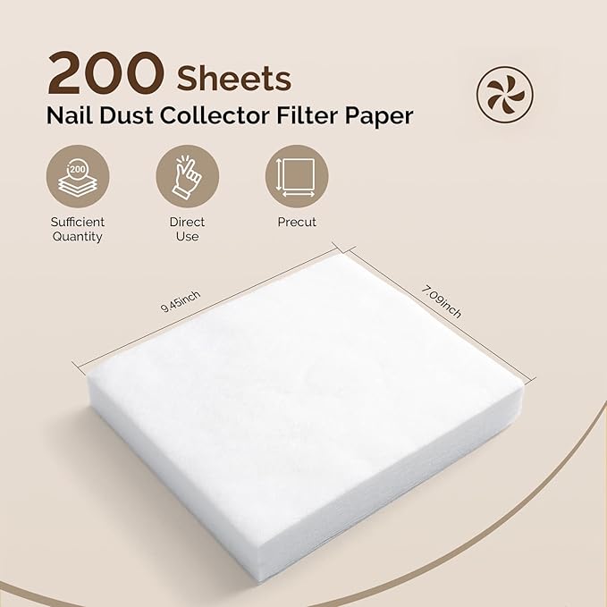 MelodySusie 200 Sheets Nail Dust Collector Filter Paper, Disposable Dust Vacuum Filter with 6pcs Sticky Back Hook for Most Nail Dust Fan Extractor Machine, Nail Tech Supplies for Salon & Home
