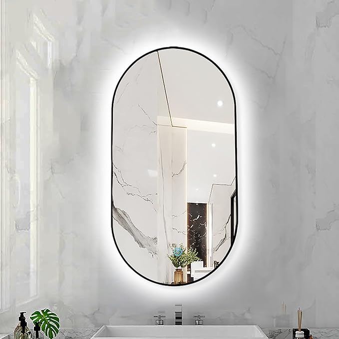 Oval LED Illuminated Bathroom Mirror, Wall-mounted Vanity Makeup Mirror with Demister Pad, 3 Dimmable Color Temperatures & Touch Control, Metal Frame Anti-Fog Lighted Wall Mirror ( Color : Black Frame