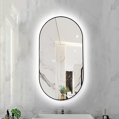 Oval LED Illuminated Bathroom Mirror, Wall-mounted Vanity Makeup Mirror with Demister Pad, 3 Dimmable Color Temperatures & Touch Control, Metal Frame Anti-Fog Lighted Wall Mirror ( Color : Black Frame