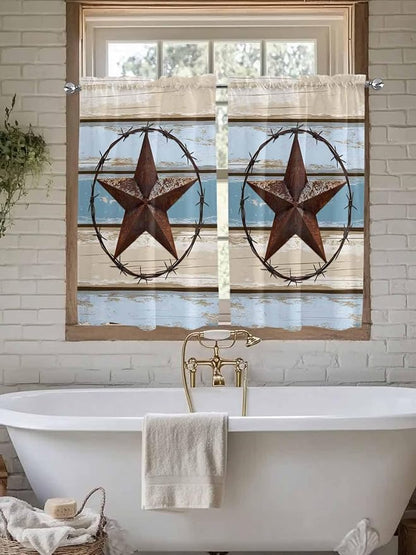 Vintage Western Star on Wood Grain Window Valance Curtains, Retro Wooden Texture Light Filtering Kitchen Valance with 3-inch Rod Pocket for Living Room Bathroom Bedroom,2 Panel,52x45In