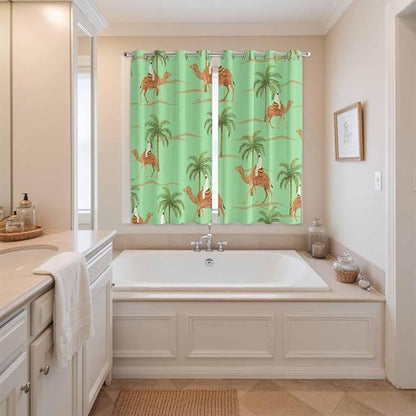 2 Panel Kitchen Cafe Curtains, Desert Camels Sunlight Filtering Nature Air Through, Home Decor Window Covering Tier Curtains for Living Room 104W x 84L inch Tropical Date Palm Trees Animal Green