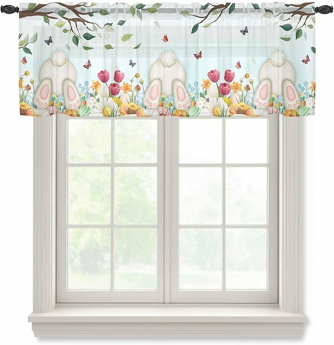 Easter Sheer Valances for Windows 42"x12", Light Filtering Kitchen Curtains Valance, Spring Watercolor Eggs Country Tulip Flower Plant Rod Pocket Chiffon Curtains for Living Room Bedroom Cafe