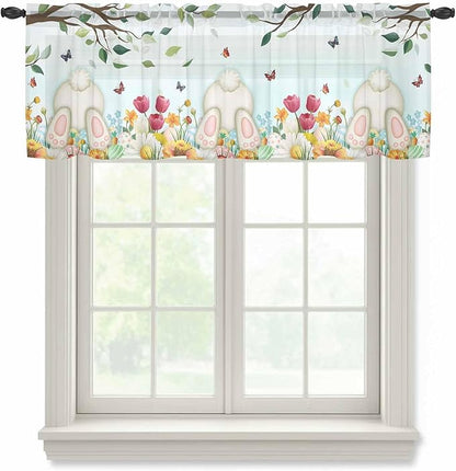 Easter Sheer Valances for Windows 42"x12", Light Filtering Kitchen Curtains Valance, Spring Watercolor Eggs Country Tulip Flower Plant Rod Pocket Chiffon Curtains for Living Room Bedroom Cafe