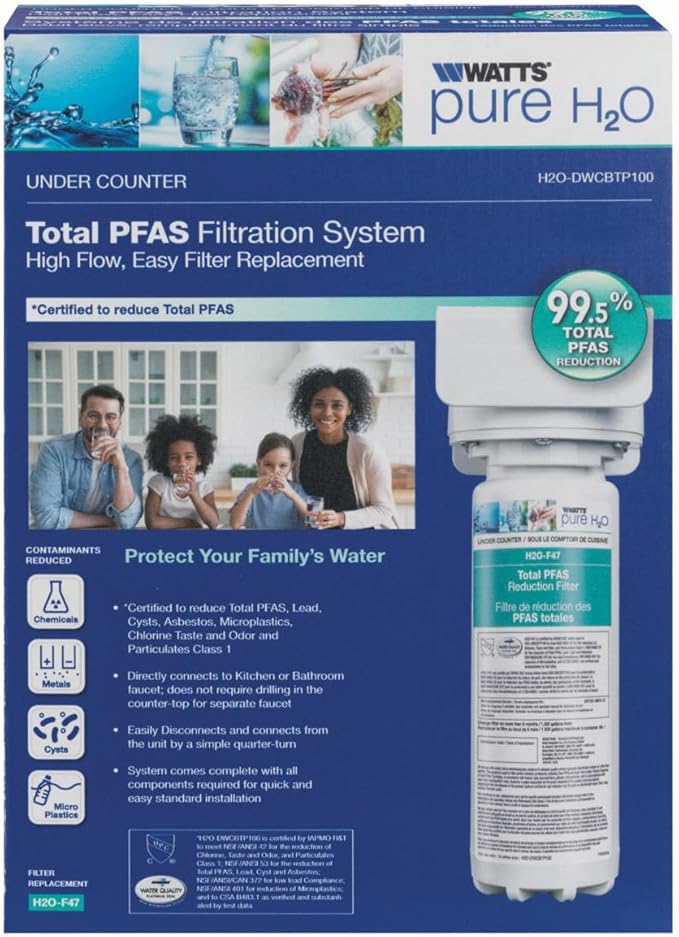 Watts Premier H2O-DWCBTP100 Single-Stage Total PFAS Reduction Under Counter Water Filtration System, Reduces Forever Chemicals, High Flow Rate 1.5 GPM, 1/4 Turn Quick Change, 1,900 Gallon Capacity
