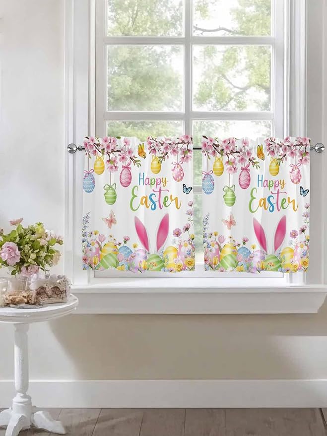 Happy Easter Half Window Curtains 24 Inches Long, Spring Watercolor Bunny Eggs Flower Branch Window Treatment Curtain Drapes, Short Curtains Tiers for Kitchen Over Sink, 27.5"x24", 2 Panels