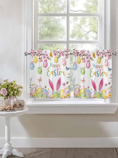 Happy Easter Half Window Curtains 24 Inches Long, Spring Watercolor Bunny Eggs Flower Branch Window Treatment Curtain Drapes, Short Curtains Tiers for Kitchen Over Sink, 27.5"x24", 2 Panels