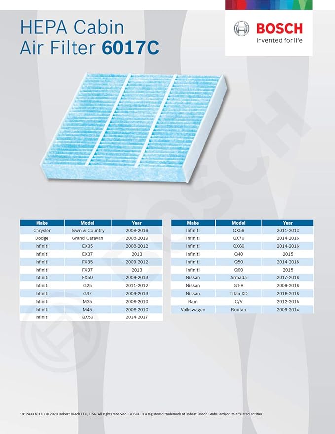 BOSCH 6017C HEPA Cabin Air Filter-Compatible with Select Chrysler Town & Country; Dodge Grand Caravan; Infiniti EX, FX, G, M, Q, QX; Nissan Armada, GT-R, Titan; Ram C/V; Volkswagen Routan (Pack of 3)