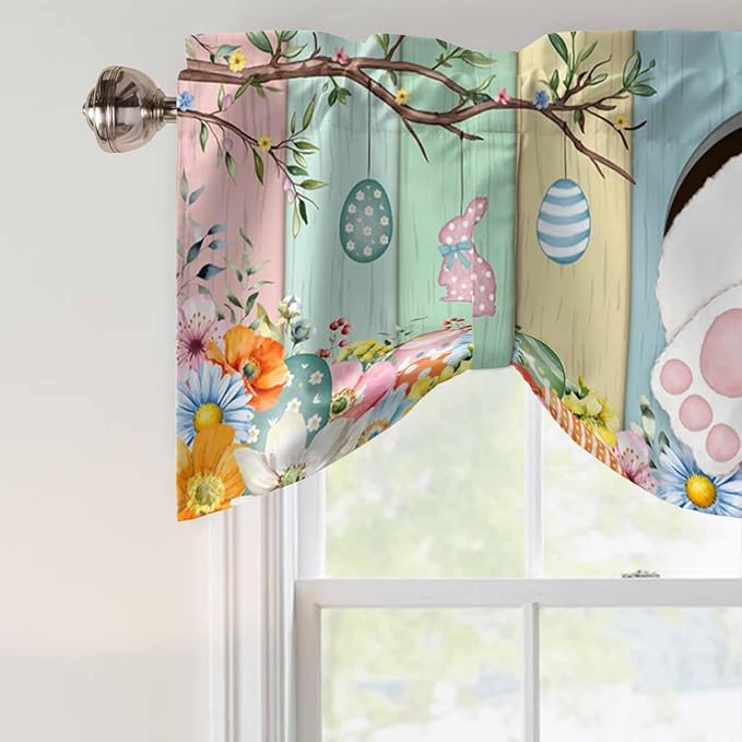 Easter Tie Up Valance Curtains for Windows, Kitchen Curtains Window Shades, Spring Colorful Bunny Eggs Flower Wood Grain Light Filtering Roman Curtain Valances for Bedroom/Bathroom/Cafe 54"x18"