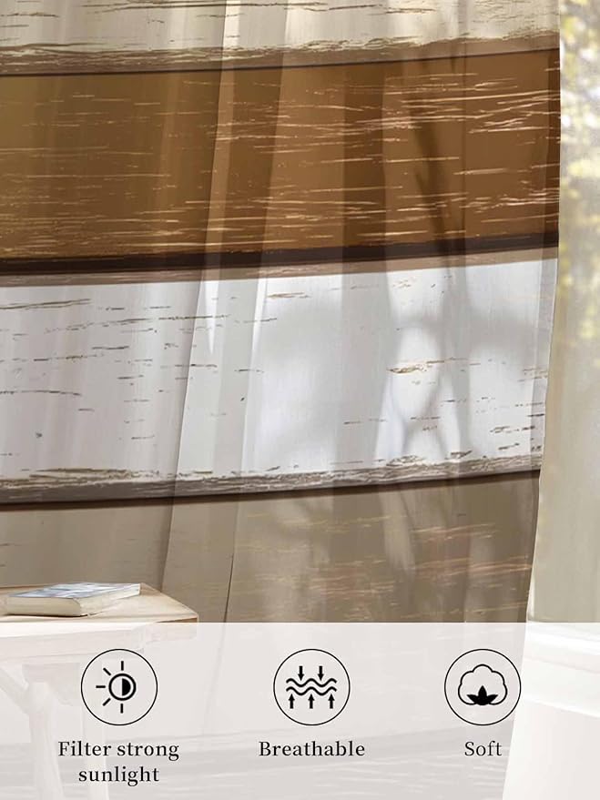 Sheer Curtains 72 Inches Long, Vintage Geometric Brown Semi Sheer Curtains Light Filtering Window Treatment, Farmhouse Country Chic Wood Grain Privacy Voile Drapes for Living Room Bedroom 52x72 Inch