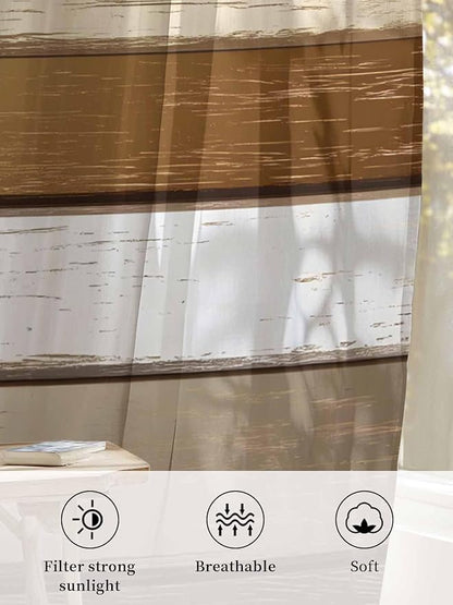 Sheer Curtains 54 Inch Length, Vintage Geometric Brown Semi Sheer Curtains Light Filtering Window Treatment, Farmhouse Country Chic Wood Grain Privacy Voile Drapes for Living Room Bedroom 52x54 Inch