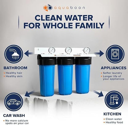 Aquaboon 3-Stage Whole House Water Filter System with 5 Micron 10x4.5 House Water Purification 2 Reducing Sediment and Carbon Chlorine Reduction Filter, Pressure Gauge, Wrench, Bracket