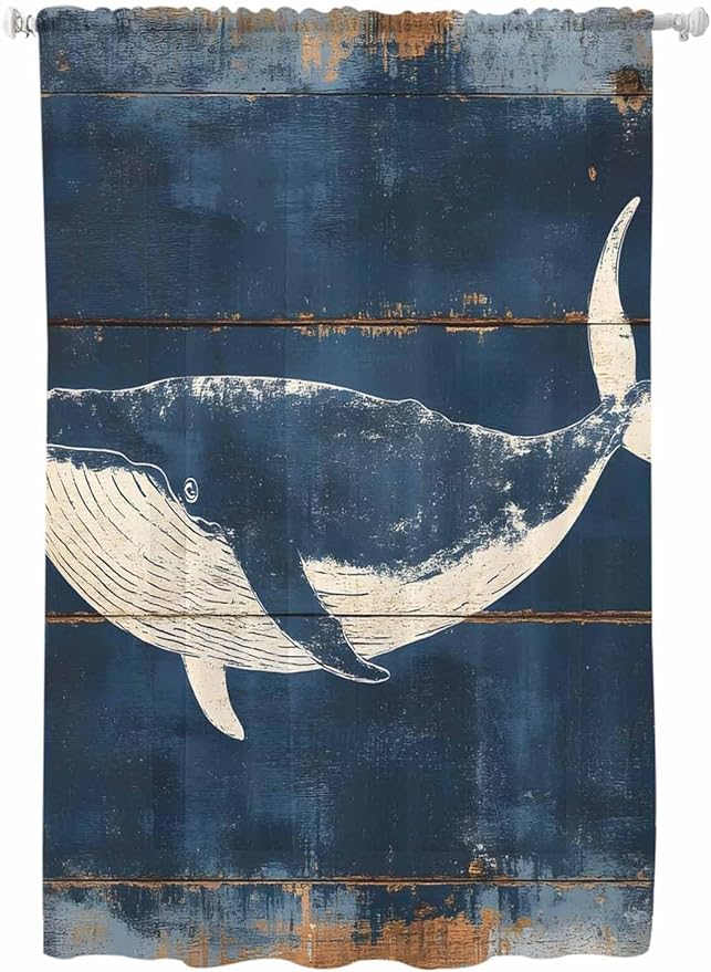 Sheer Curtains 63 Inch Length, Summer Whale Blue Semi Sheer Curtains Light Filtering Window Treatment, Coastal Ocean Vintage Wooden Grain Privacy Voile Drapes for Living Room Bedroom 52x63 Inch