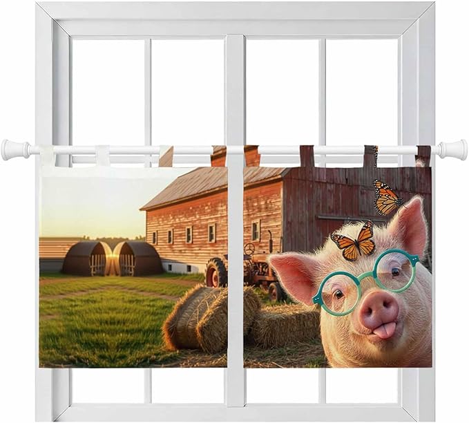 Farm Pig Kitchen Curtains 36 Inch Length, Small Window Curtains Tab Top, Farmhouse Barn Funny Animals Butterfly Light Filtering Short Window Treatments Tier Drapes 27.5"x36" 2 Panel