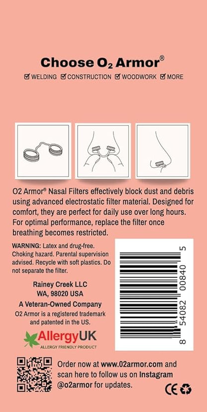 O2 Armor Nose Filters for Welders & Allergies - Nose Filter for Dust - Nasal Filters for Welding - Nose Dust Mask for Construction (30 Pack - 3x10, Size Medium)