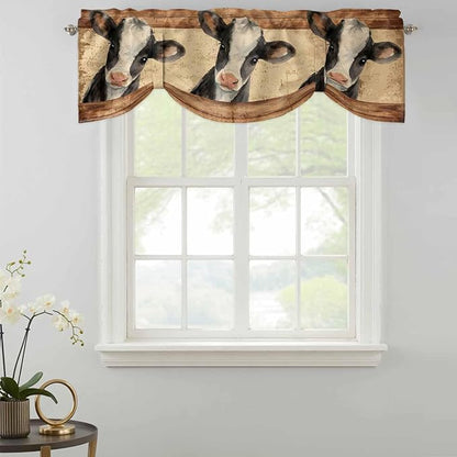 Farmhouse Cow Tie Up Valance Curtains for Windows, Kitchen Curtains Window Shades, Country Vintage Animals Wooden Grain Light Filtering Roman Curtain Valances for Bedroom/Bathroom/Cafe 60"x18"