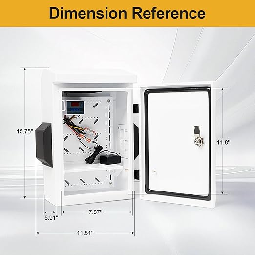 Outdoor Electrical Box with Key Lock, Aluminum Alloy Back Beam with M10 Sliding Groove, 12V Cooling Fan & Temperature Controller Included, Cold-Rolled Steel Electrical Box (15.75"x11.81"x5.91")
