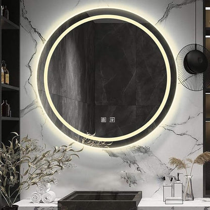 Modern LED Illuminated Bathroom Mirror with Touch Control Switch Demister Pad/3 Color Lights Round Wall Mirror Size: Diameter 50/60/70cm