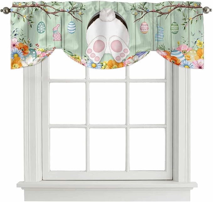 Easter Tie Up Valance Curtains for Windows, Kitchen Curtains Window Shades, Spring Watercolor Bunny Eggs Wooden Grain Green Light Filtering Roman Curtain Valances for Bedroom/Bathroom/Cafe 42"x12"