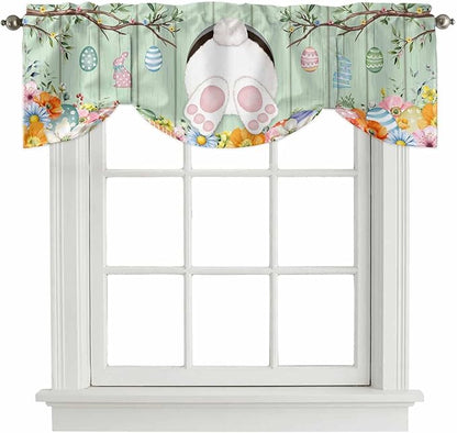 Easter Tie Up Valance Curtains for Windows, Kitchen Curtains Window Shades, Spring Watercolor Bunny Eggs Wooden Grain Green Light Filtering Roman Curtain Valances for Bedroom/Bathroom/Cafe 42"x12"