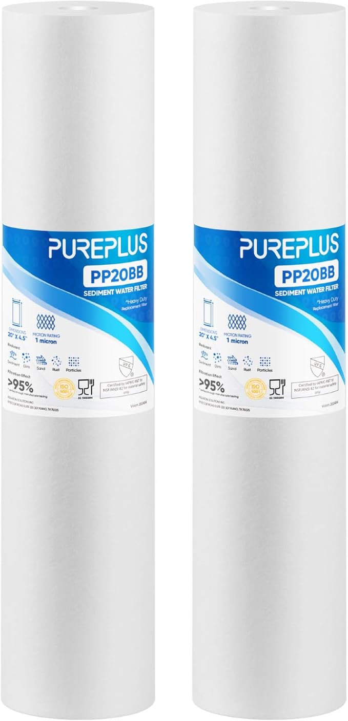 PUREPLUS 1 Micron 20" x 4.5" Whole House Sediment Home Water Filter Replacement Cartridge, Compatible with DGD-2501-20, AP810-2, P1-20BB, FP25B, FPMB-BB1-20, SDC-45-2001, 2 Pack